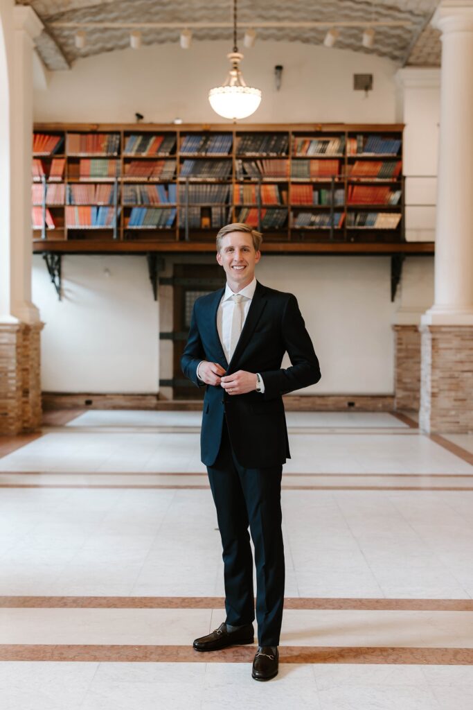 Groom portraits at a Boston Public Library elopement