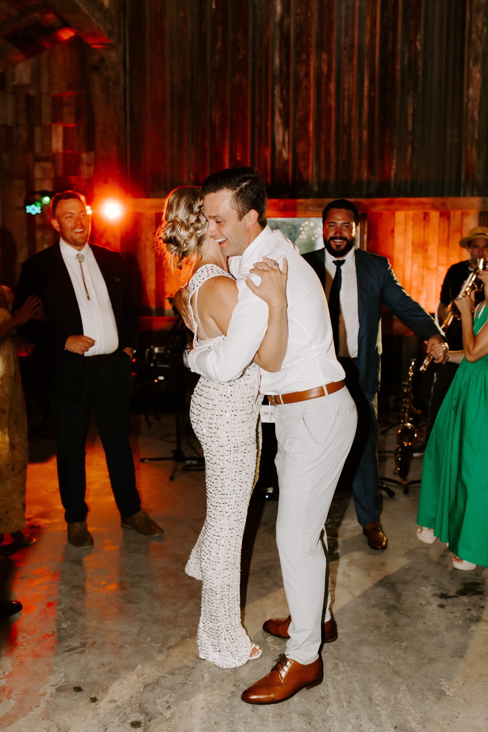 Bride and groom on the dance floor at their Mountain Star Estate wedding reception