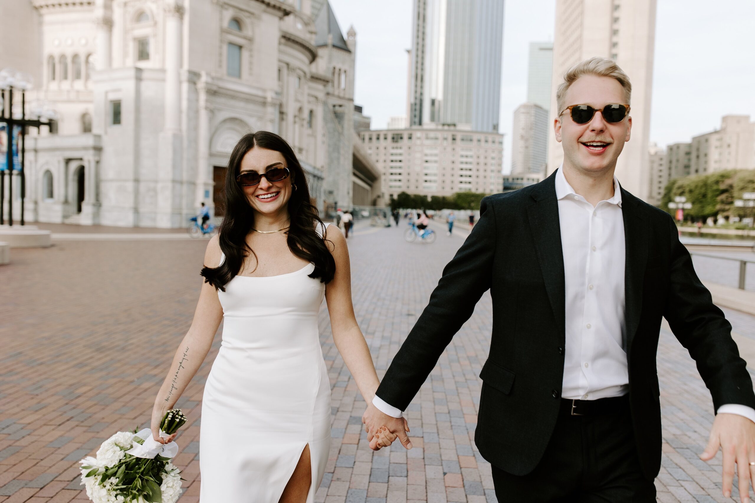 Bride and groom wore sunglasses during Boston elopement photos