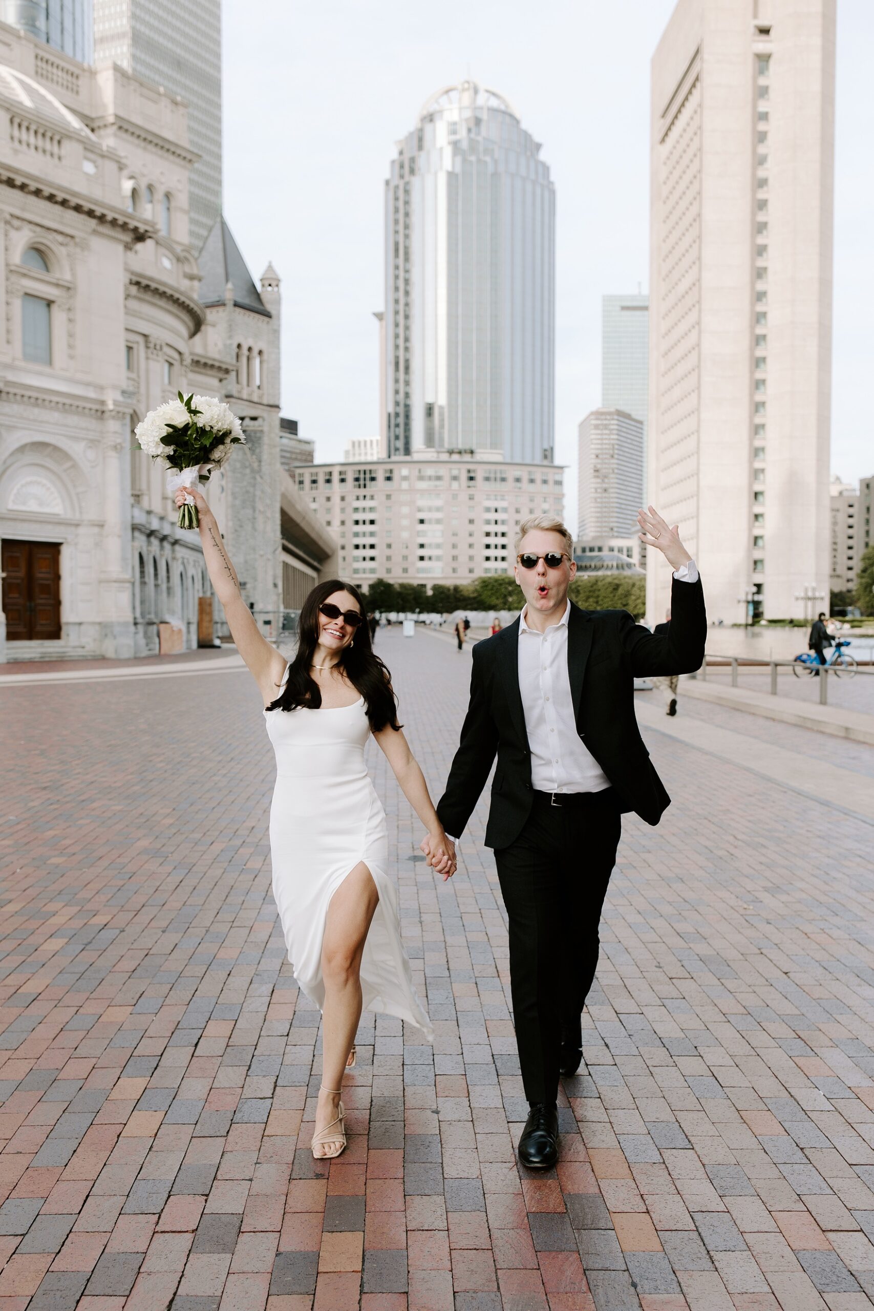 Bride and groom wearing sunglasses at Boston elopement