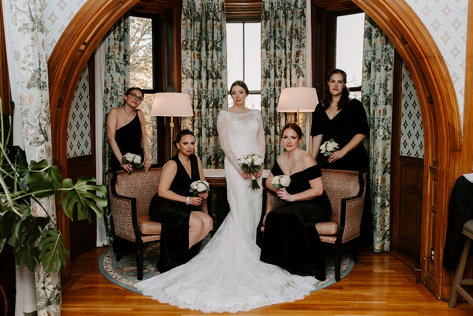 Bridesmaids pose together before the stunning Stevens estate wedding day