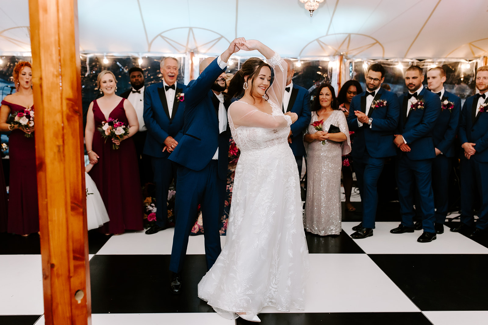 bride and groom share a first dance during their dreamy willowdale estate wedding reception
