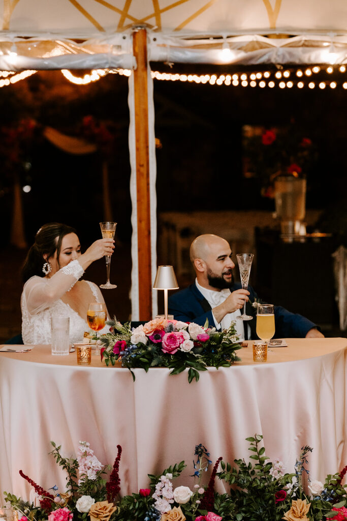 Bride and groom share a toast with the guests during their stunning willowdale estate wedding reception 