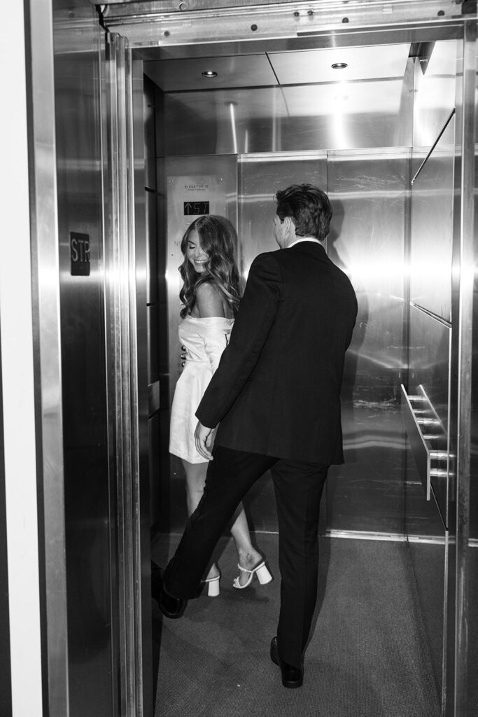 Vintage-inspired engagement shot with cinematic flash lighting