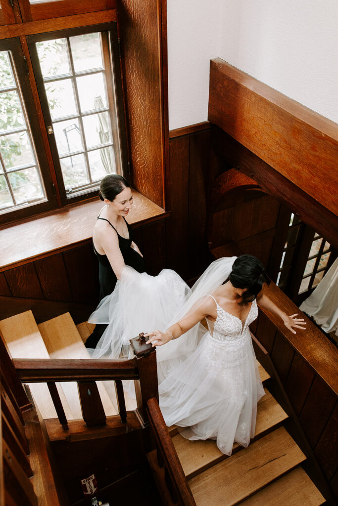 bride and maid of honor walking to wedding ceremony