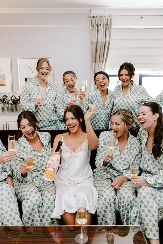 bride and bridesmaids in matching pajamas
