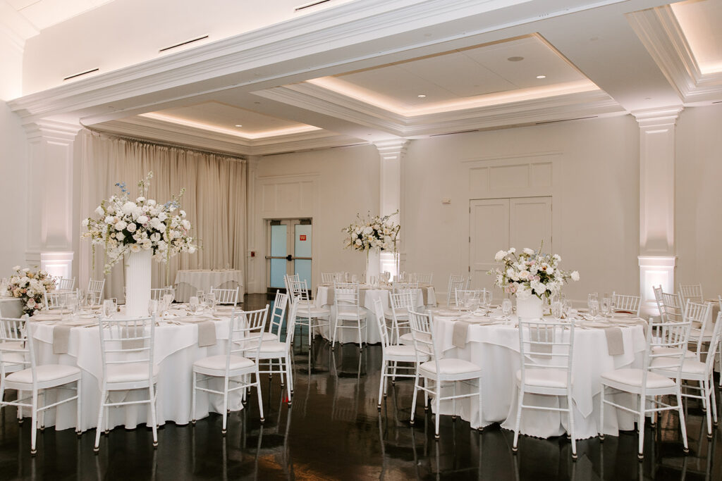 Reception decor at Lakeview Pavilion with pastel and white florals