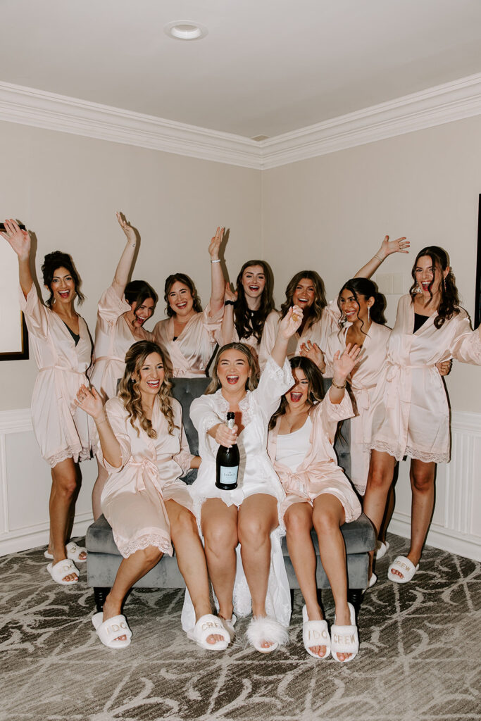 bride and bridesmaids in matching pajamas