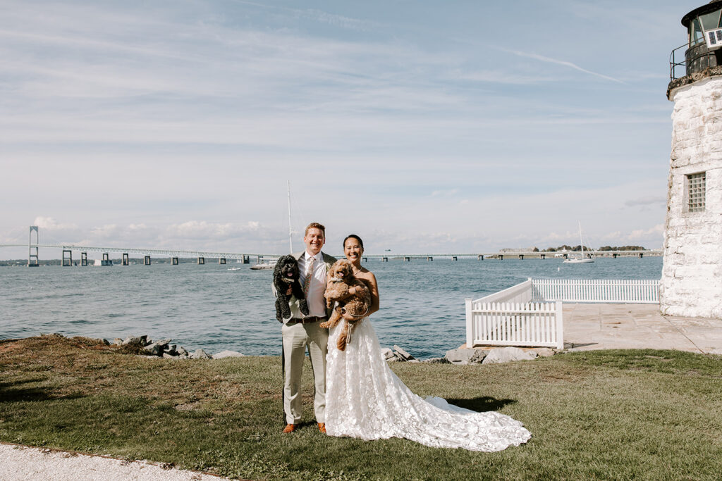 Couple portraits with Newport Bridge in background Newport Harbor Island Resort