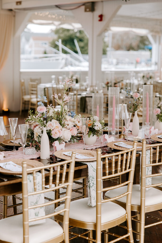 Botanical printed linen tablescapes Regatta Place Newport wedding