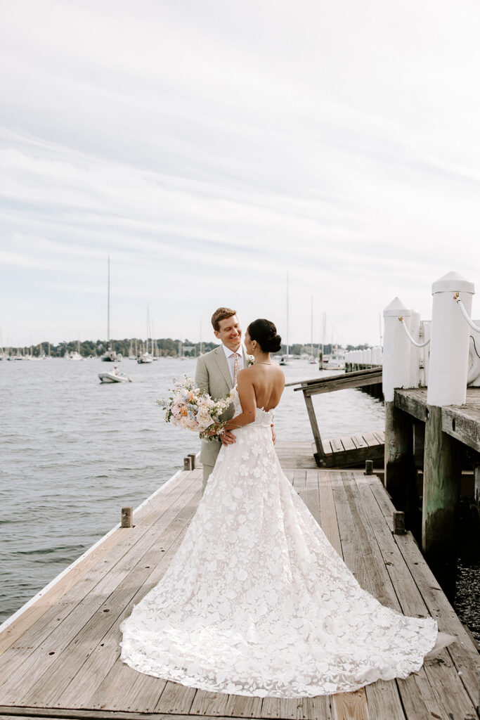 Golden hour portraits Newport harbor Rhode Island wedding