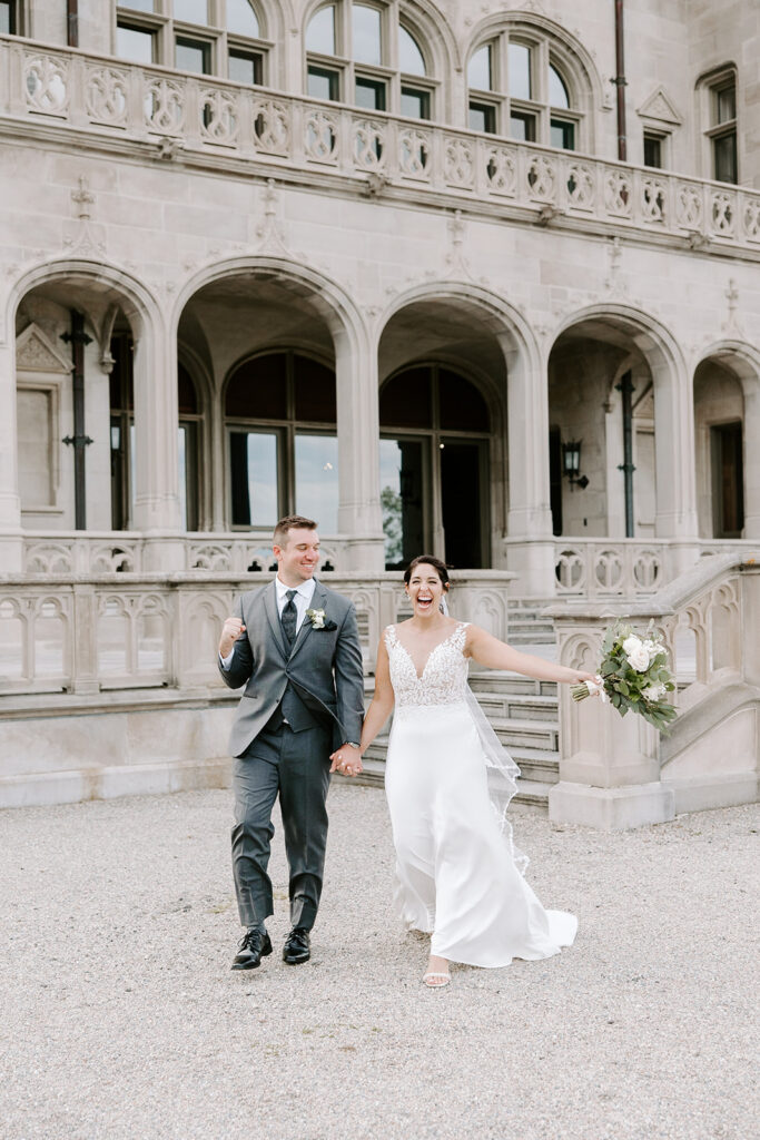 Couple portraits on the Cliff Walk terrace at Ochre Court Newport wedding photographer