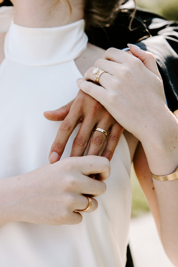 Close-up of wedding rings during Boston elopement at the Public Garden